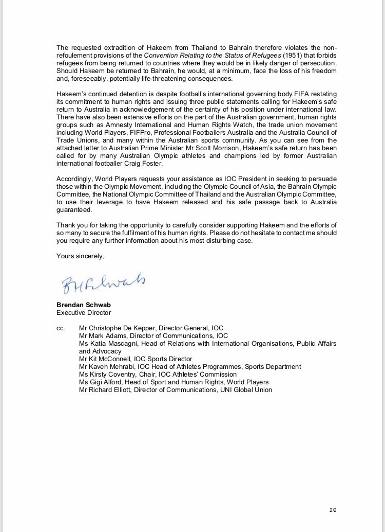 BrendanSchwab's tweet image. Important intervention by @iocmedia to support @FIFAcom efforts to #SaveHakeem &amp;amp; protect all refugee athletes in the world. Yesterday’s letter from @WorldPlayersUtd to IOC President #SportandHumanRights