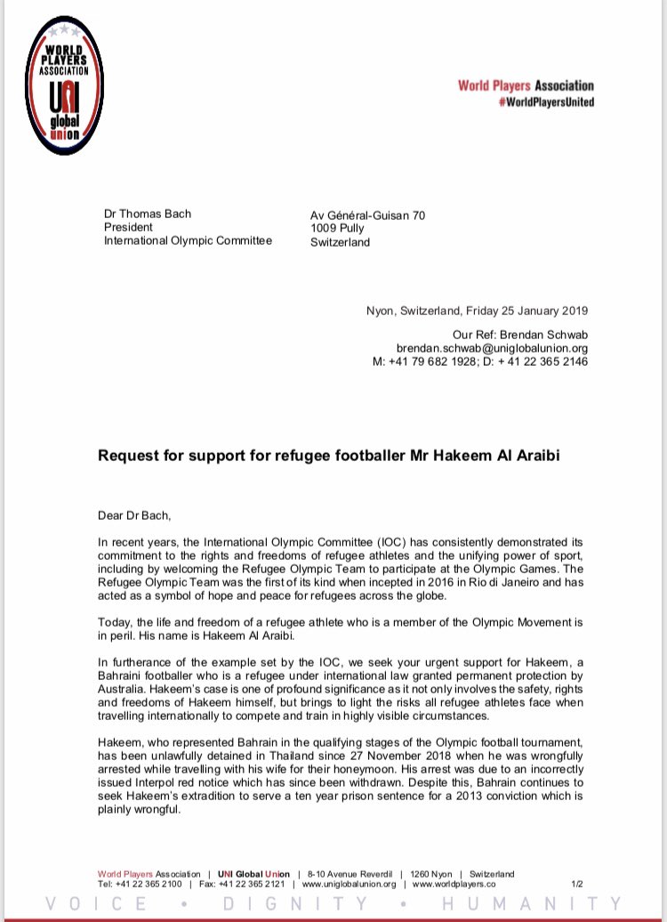 BrendanSchwab's tweet image. Important intervention by @iocmedia to support @FIFAcom efforts to #SaveHakeem &amp;amp; protect all refugee athletes in the world. Yesterday’s letter from @WorldPlayersUtd to IOC President #SportandHumanRights