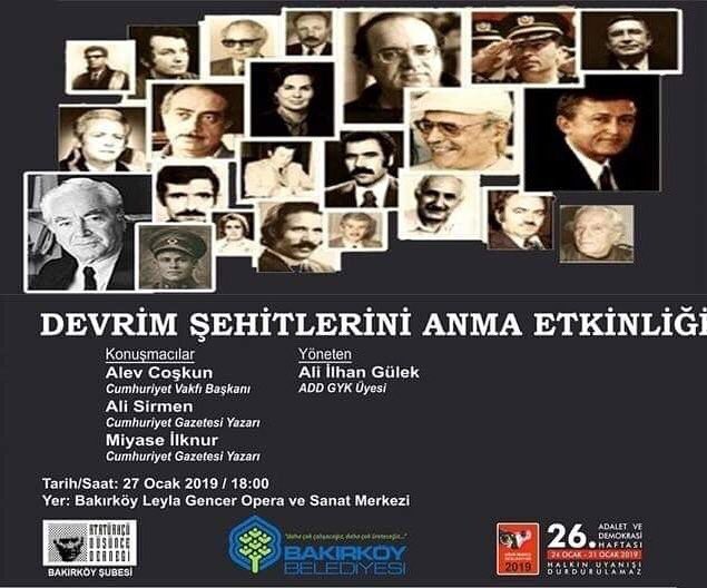 27 Ocak Pazar saat 18.00'de Leyla Gencer Opera ve Sanat Merkezi’nde Atatürkçü Düşünce Derneği ile düzenlediğimiz “Devrim Şehitlerini Anma” etkinliğine tüm halkımız davetlidir. 
#bakırköybelediyesi #leylagenceroperavesanatmerkezi #atatürkçüdüşüncederneği #devrimşehitleri