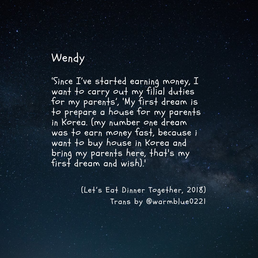 wenhunpics's tweet photo. "Since I’ve started earning money, I want to carry out my filial duties for my parents" -Wendy-

"I feel like my thoughts/heart of wanting to quickly succeed so i could be filial to my parents" -Sehun-

#Wendy #Sehun https://t.co/DOqvagr0EC