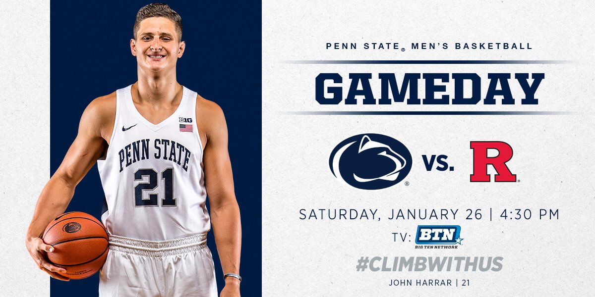 PennStateMBB's tweet photo. GAMEDAY! CLIMBIN!
🏀: Penn State @THON game | Rutgers ⚔️ at Penn State 🦁
🕐: 4:30 pm ET
📍: @BryceCenter
📺: @BigTenNetwork
📝: https://t.co/b5aeIj2J8d
📊: https://t.co/FWOyQlkox9
📻: https://t.co/suFMCXF5lx
#ClimbWithUs 🔵🏀⚪ https://t.co/uZYDRMWme7