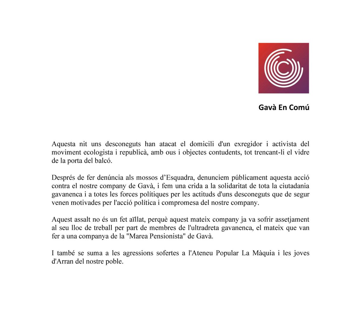 Gava_EnComu's tweet photo. @CUP_Gava @gavassp @GavaSom @ERCGava @PSCGava @Podemos_Gava @arrangava @lamaquiacgv Nou atac feixista a #Gavà https://t.co/fbs2R8IcEi