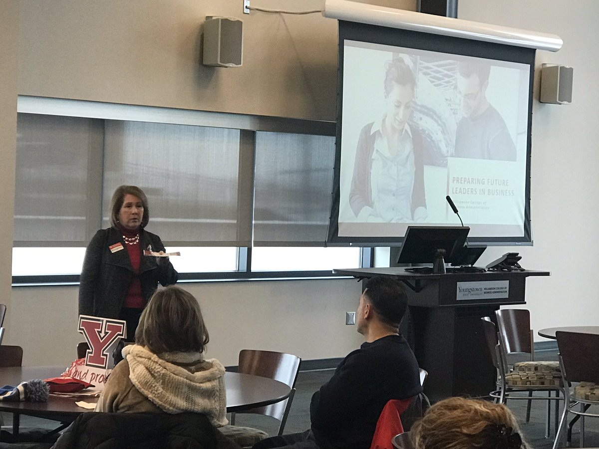 Open House Spring 2019 <a href="/DeanLicata/">Betty Jo Licata</a> this morning addressing potential new <a href="/YSUWCBA/">YSU WCBA</a> students!