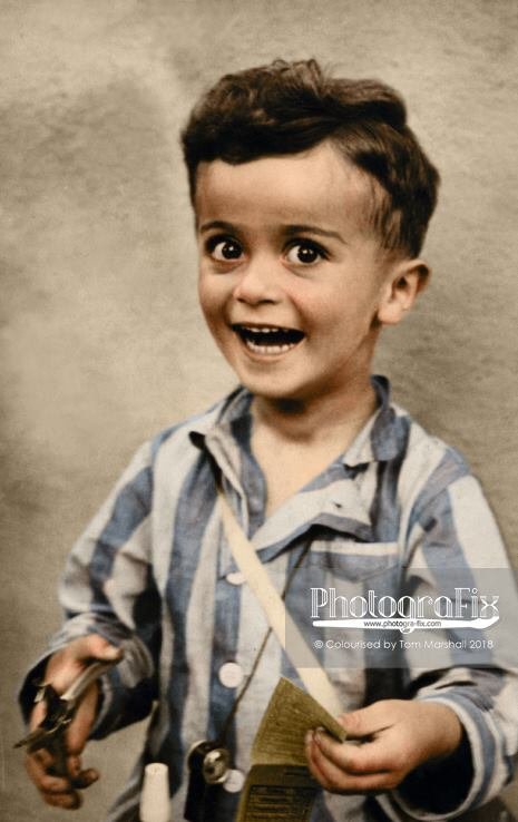 PhotograFixUK's tweet photo. The smiling face of Istvan Reiner, aged 4, shortly before being murdered at #Auschwitz concentration camp.  This weekend marks #HolocaustMemorialDay #HMD #HMD2019 We must never forget. 

Original image © USHMM John Kovacs.
#Colourised version © PhotograFix (Tom Marshall) 2018 https://t.co/tj02qkU3QW