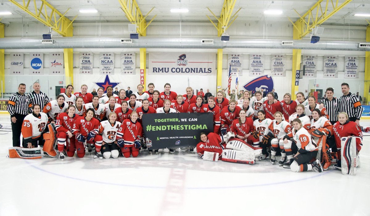 TheGoalieGuild's tweet photo. Thank you @RMUWHockey and @RITWHKY for hosting last night’s mental health awareness game. #EndTheStigma #LiftTheMask https://t.co/kCECogT46b