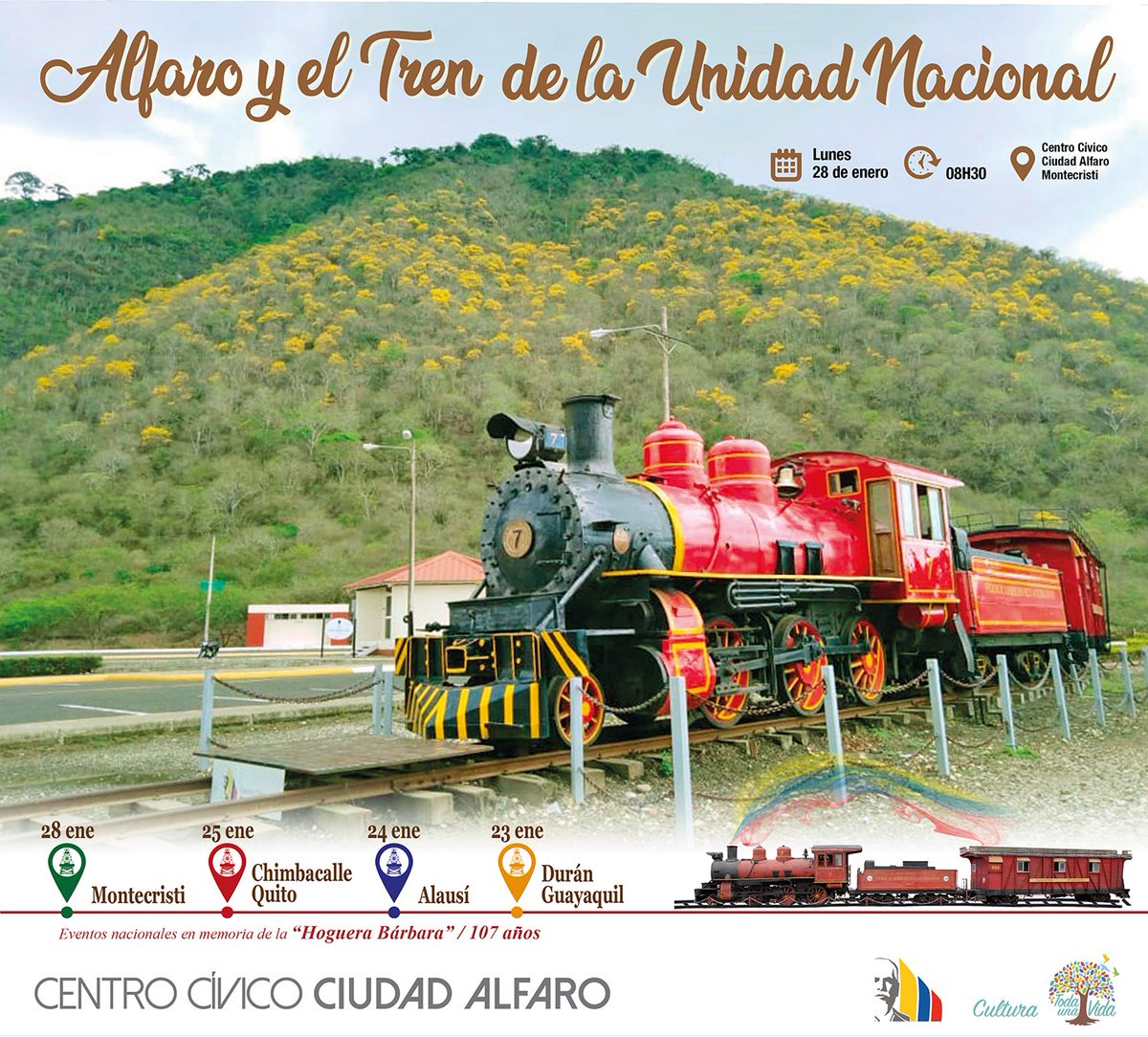 El tren de #EloyAlfaro nos inspira y nos guía. Este LUNES en #CiudadAlfaro  rendimos homenaje a los mártires de la #HogueraBárbara ¡Te esperamos desde  las 08h30! #Montecristi #Manabí @MarIsabelSilvaI @RaPerezTorresEc  @Cultura_Ec, image size:1200x1084