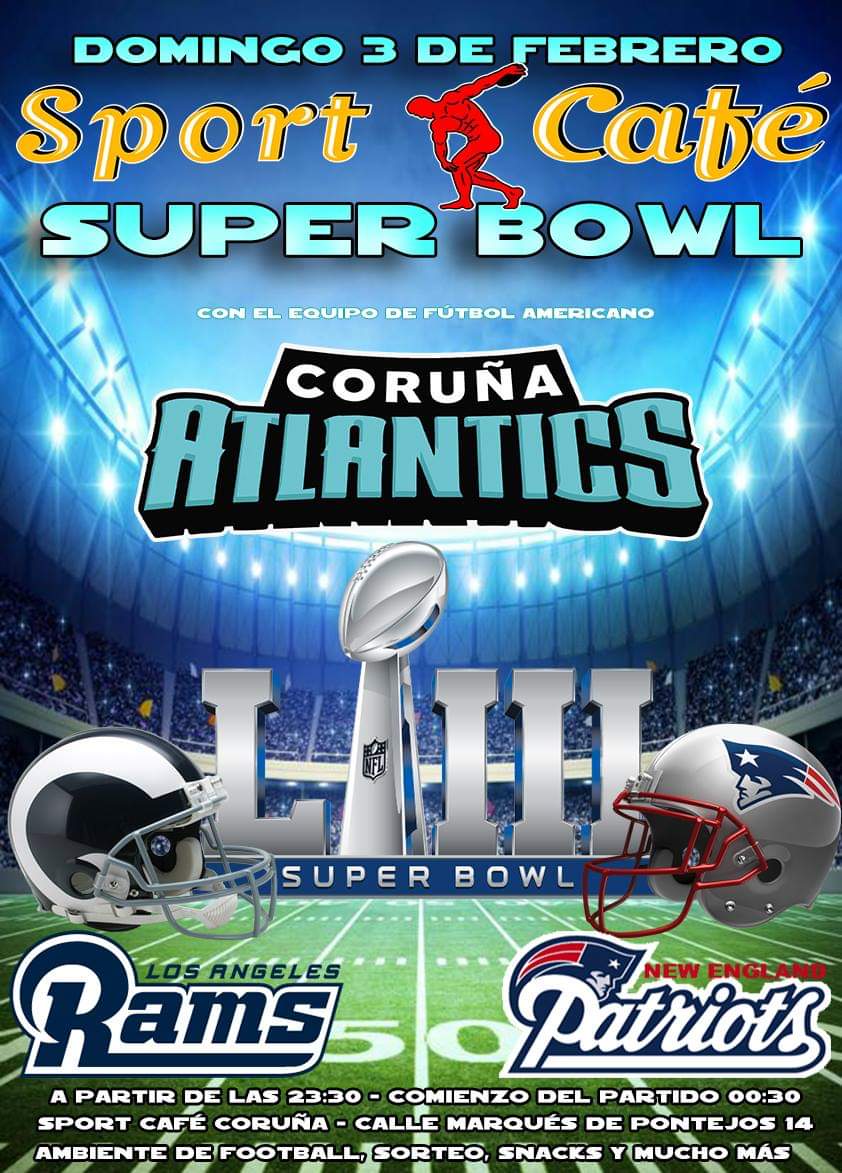 CorunaAtlantics's tweet image. Ocho días para la Superbowl! #SBLIII
El próximo domingo 3 de febrero tenemos el evento del año para los amantes del #Football! Sorteos, cena, ambientazo y mucho más en el #Coruña Sport Café (C/ Marqués de Pontejos, 14). Estad atentos!

 #GoPats #LARams