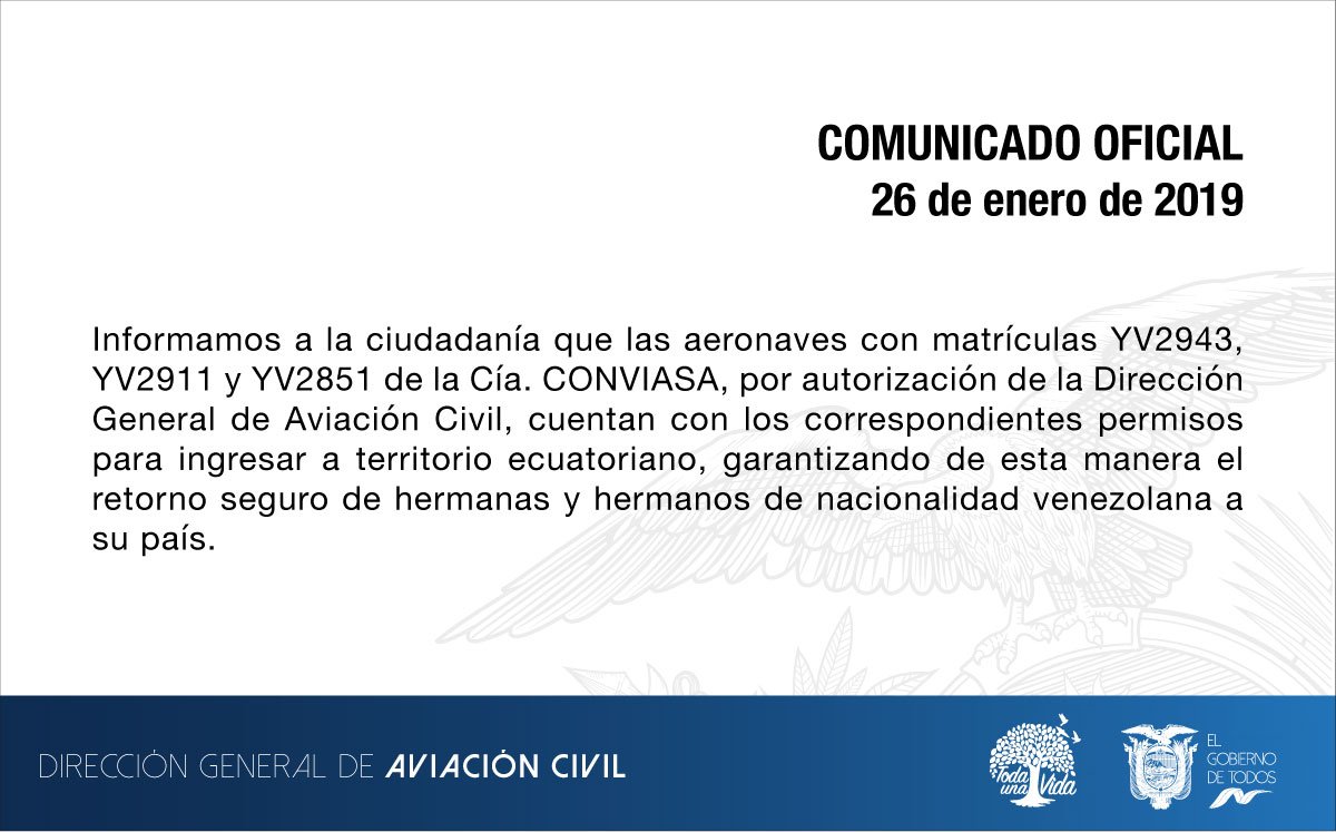 DGAC_Ecuador's tweet photo. Comunicado oficial sobre autorización a vuelos de @LAConviasa para traslado de ciudadanas y ciudadanos venezolanos. https://t.co/u71GbhhU9H