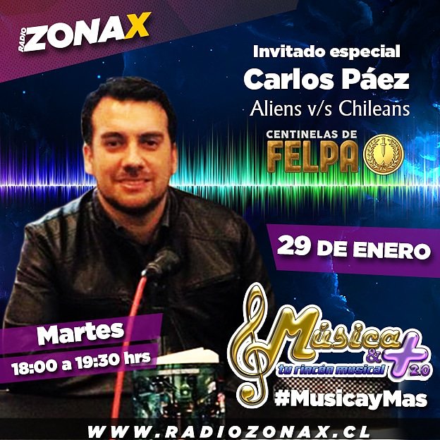 EdFenixDorado's tweet photo. ATENCIÓN, en Música & Más por Radio Zona X @tuzonax!!!! Este martes 29 de enero tendremos otro invitado de lujo, Carlos Páez, autor de "Aliens v/s Chileans", "Kuroi Jukai" y nuestro próximo lanzamiento "Centinelas de Felpa".
#MúsicayMás #RadioZonaX #CarlosPáez #YamilaHuerta https://t.co/UKi1Tkz1ao