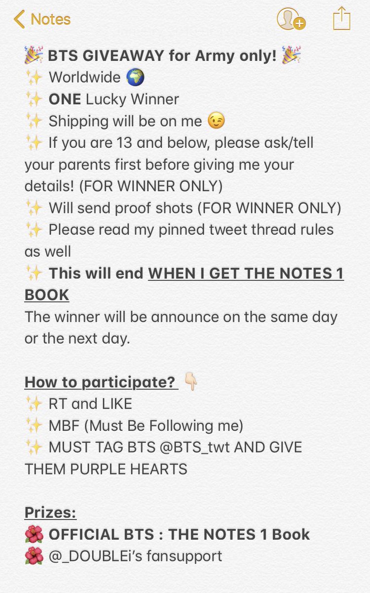 _DOUBLEi's tweet photo. 🎉 BTS GIVEAWAY for Army only! 🎉
✨ Worldwide 🌍 
✨ ONE Lucky Winner
✨ Shipping will be on me 😉
✨ This will end WHEN I GET THE NOTES 1 BOOK

RT, LIKE and FOLLOW ME! 💜 https://t.co/D5zPuFdibq