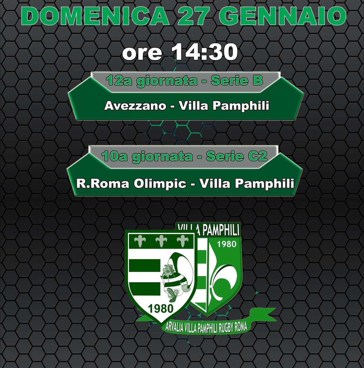 .Programma della Domenica

💪🏻💚#villarugby #dajevilla #rugby #rugbygram #villa  #pamphili #amoreunico #errea #masterforniture