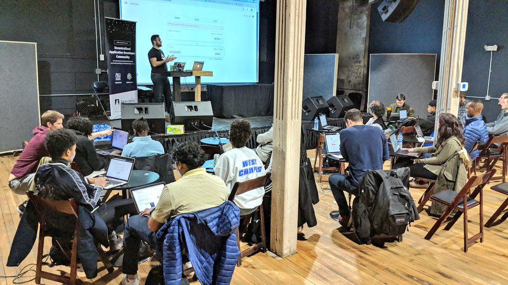 Great energy and new 🐧🐧🐧 at our beginner friendly Token Tumbler workshop.

Thanks <a href="/fubuloubu/">señor doggo 🏴🏴‍☠️</a>, @wilson_withiam, and <a href="/IMmsGNU/">Chelsea Palmer</a> for helping our new friends with <a href="/metamask_io/">metamask_io</a> and @UniswapExchange 👍