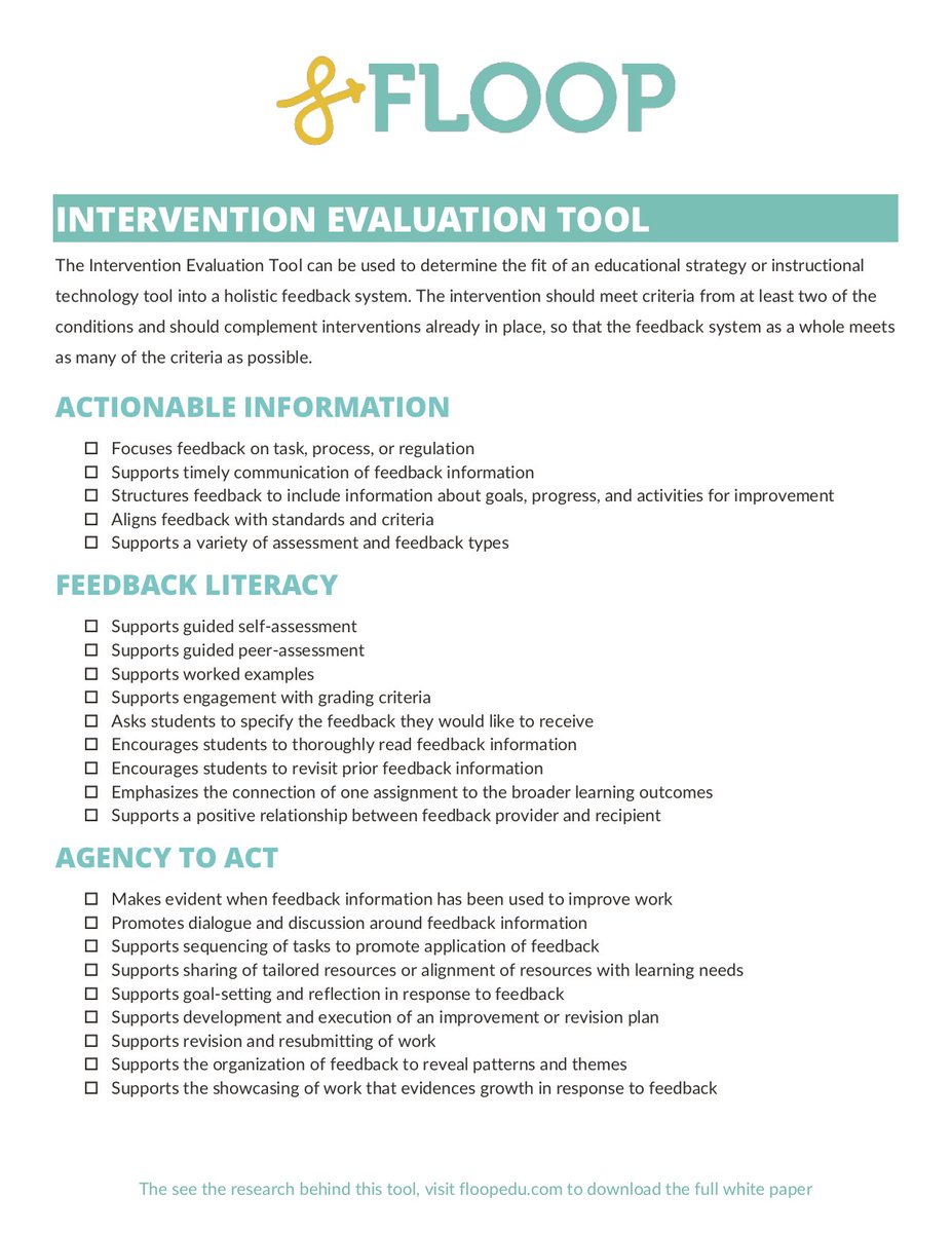FloopEdu's tweet image. The #Floop Intervention Evaluation Tool can be used to determine the fit of an educational strategy or instructional
#edtech tool into a holistic #feedbacksystem. Let us know what you think! #edchat #feedbackliteracy #studentagency drive.google.com/file/d/1GTEZ2b…