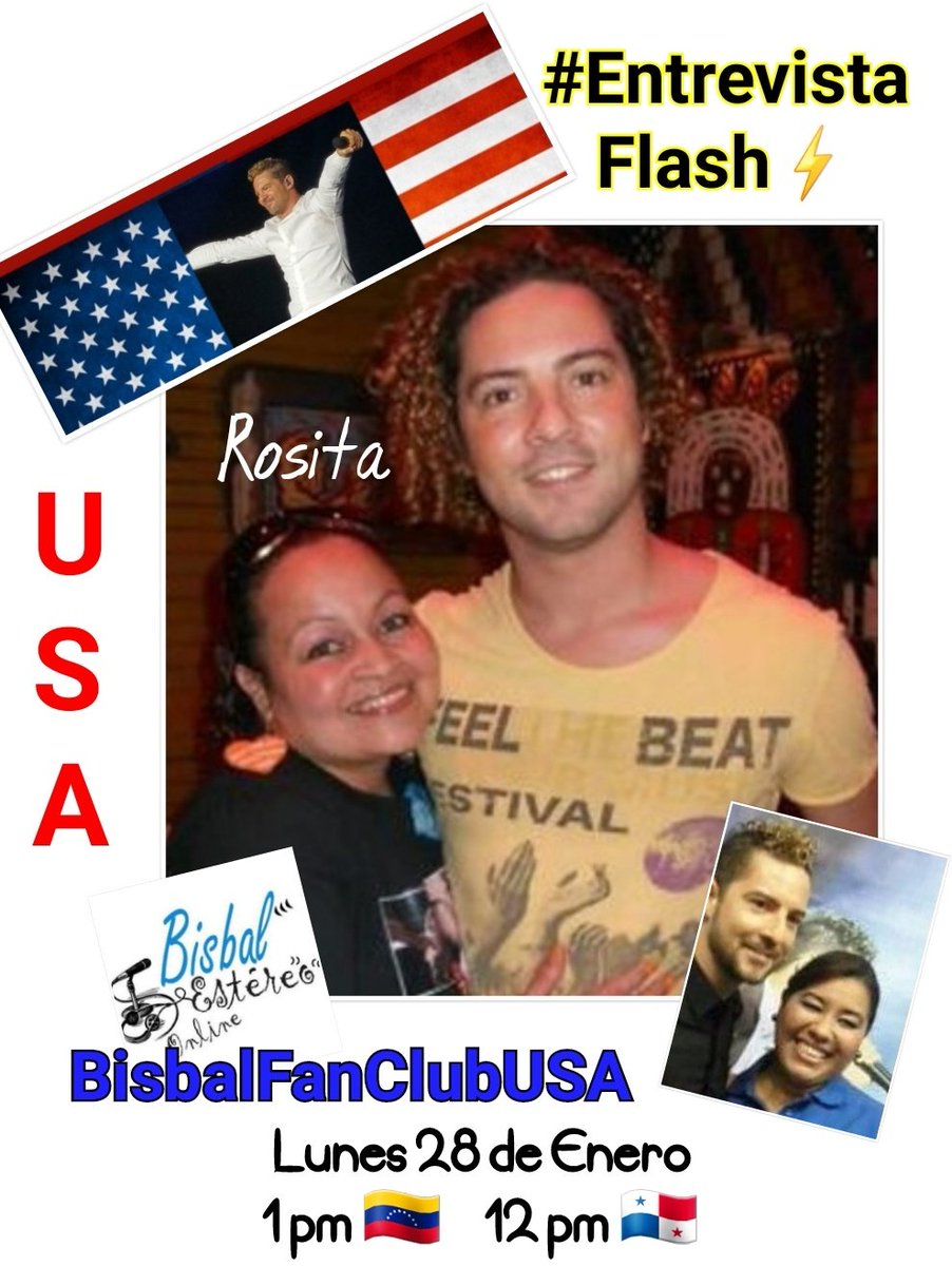 bisbalfanclubpa's tweet photo. No te pierdas este Lunes 28 de enero en @BisbalEstereo, la radio exclusiva de @davidbisbal a nuestra querida @lluzcando con la #EntrevistaFlash a @rosita4366 miembro del @dbfanclubUSA 

Sintoniza https://t.co/G6nBFjQjWg

Hora
1pm Venezuela 🇻🇪 
12 pm Panamá 🇵🇦

#davidbisbaltourUSA https://t.co/is75OHaTOv
