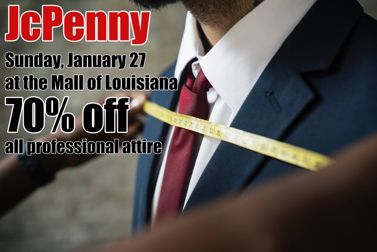 SHRMatLSU's tweet image. Tomorrow, @jcpenney is giving 70% off of all professional attire to LSU students! It’s at the Mall of Louisiana from 5 P.M.-9 P.M. don’t forget to bring your student ID! #geauxtigers #LSU #suitup #SHRM