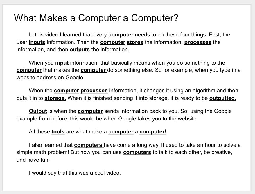 fs_compsci's tweet photo. Fowler Computer Science Students in Grades 6 to 8 are learning about how computers work using a video series from @code.org. They watch a short video and then write a summary using a word bank.
#MaynardLearns #FowlerLearns https://t.co/OH7XOn2gIO