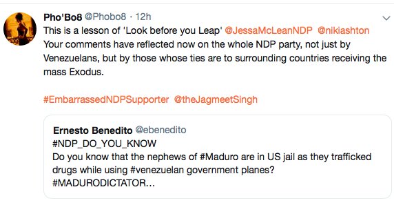 Phobo8's tweet photo. As an #NDPSupporter,embarrassed by @JessaMcLeanNDP &amp; @nikiashton comments,I expect an #openmind from #NDPCandidates to learn about the #Venezuelan crisis &amp; apologize to the ignorance.Instead: you block me. WOW. If you can make blatant comments,have the decency to be accountable https://t.co/MSZguSQ5Mh