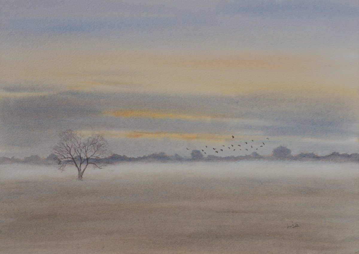 lisajmason's tweet photo. A gentle landscape painting today - Lapwings at sunset as the mist rolls in, a painting of the field behind our house. https://t.co/9QsAiXoecF