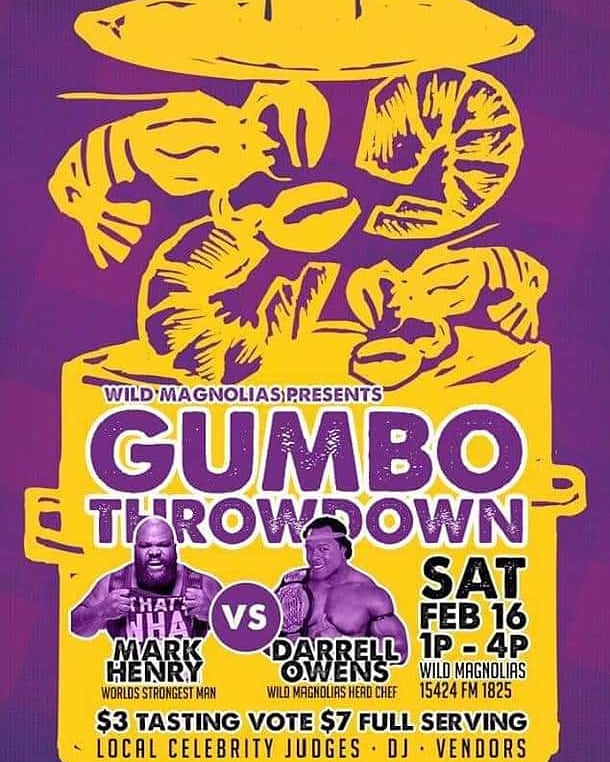 WildMagsATX's tweet photo. 1st Annual Gumbo Throwdown featuring Mark Henry, Saturday February 16 from 1-4! This will be epic! #WildMagnolias #GumboCookoff #StrongKids #MARKHENRYvsWILDMAGNOLIAS #MARKHENRY #FEB16 https://t.co/X8Zl0lnvlh