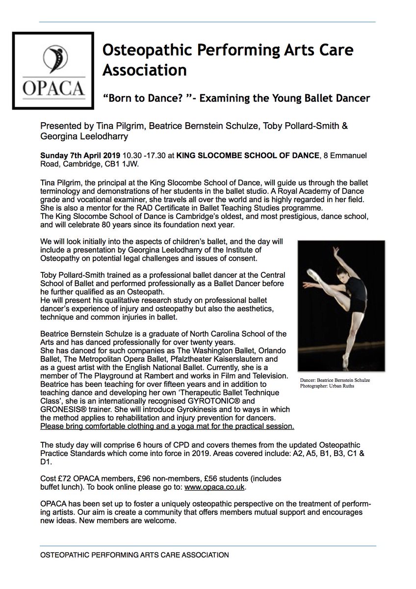 Next OPACA study day: 7th April in Cambridge "Born to Dance?" #Ballet #OPACA #osteopathyworks Booking opens 1st February!