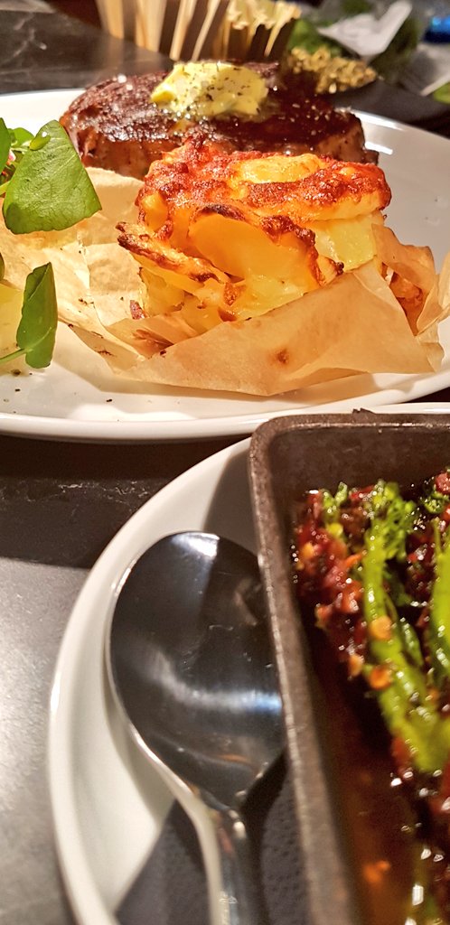 Rib eye On the menu @BourgeeUK #BourgeeNorwich simply seasoned -  dauphinoise - water dress - grenodine onions - au poirve  -asian broccoli side #norwich #foodporn - #chefpride @charliesheroes @ArtOButchery