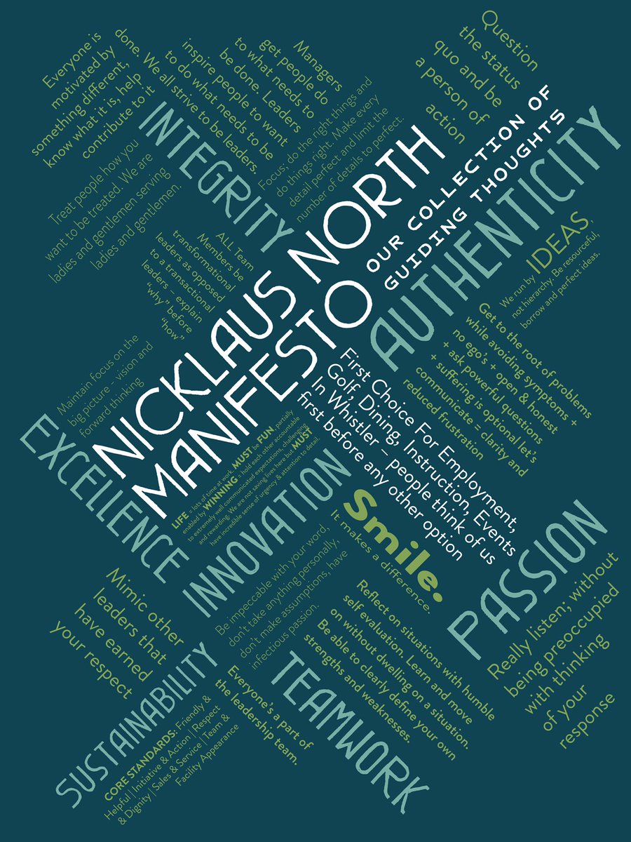Hot off the press, a draft MANIFESTO for Nicklaus North. Better way to illustrate the culture? Little busy I know = print on large paper! #leadership #strategy