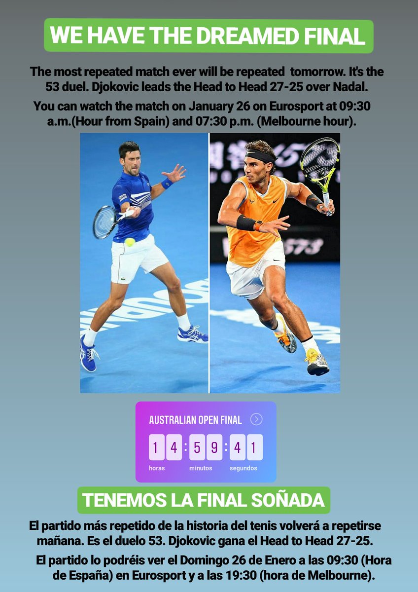 Lewismovi's tweet photo. Do you like this kind of IG stories? 
Check out @tenismovi on IG.

#AustralianOpen2019 #AusOpen #Nadal #Djokovic 
@Eurosport_ES  @RafaelNadal @DjokerNole @robercarretero @AlexCorretja74 @tc_carbonell @PuntoDBreak @ATP_Tour @ATPTour_ES @delpotrojuan #AustraliaDay #vamosrafa https://t.co/4ukIUMg1Qt