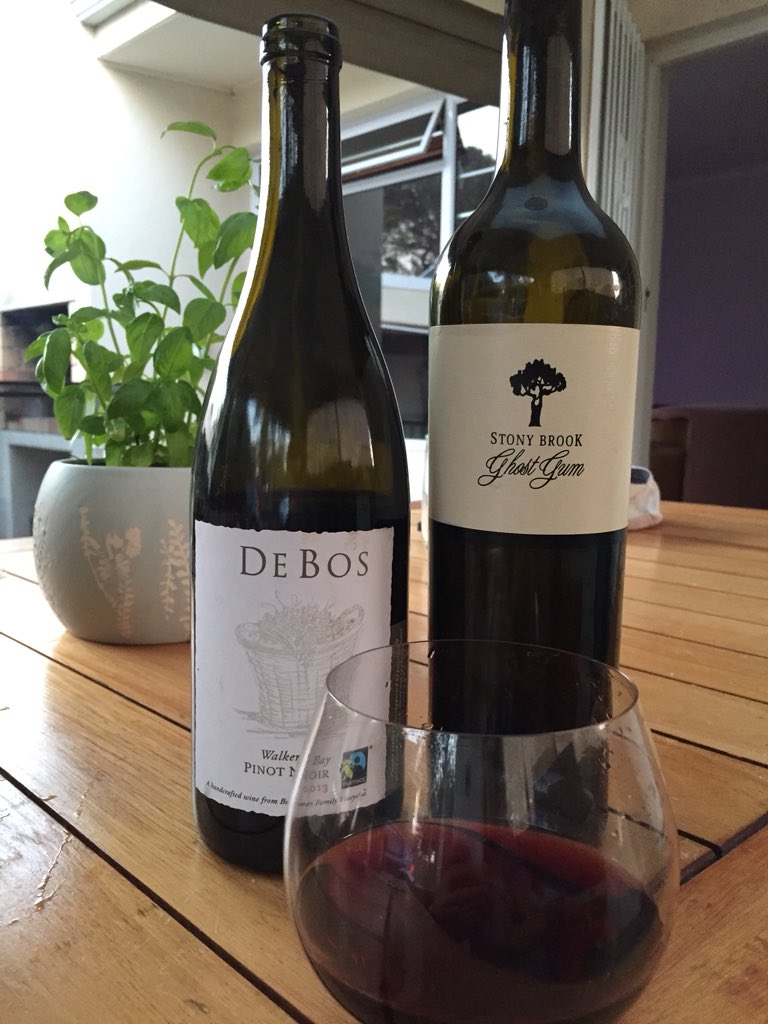 JaneSmithZA's tweet photo. Burgundy heaven tonight 😎 Both wines delicious but the Stony Brook (Chardonnay Semillon blend) is unbelievable. @stonybrookwine @bosmanwines https://t.co/fMoQDzvpYI
