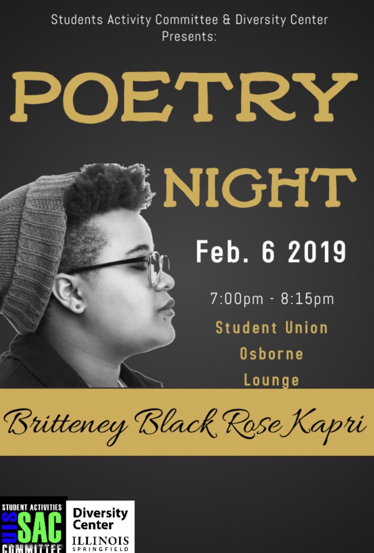 uissac's tweet photo. Join us for our Poetry Night 📍 Student Union Osborne Lounge  Feb.6 2019 #britteneyblackrosekapri https://t.co/y4uwoTdR4U