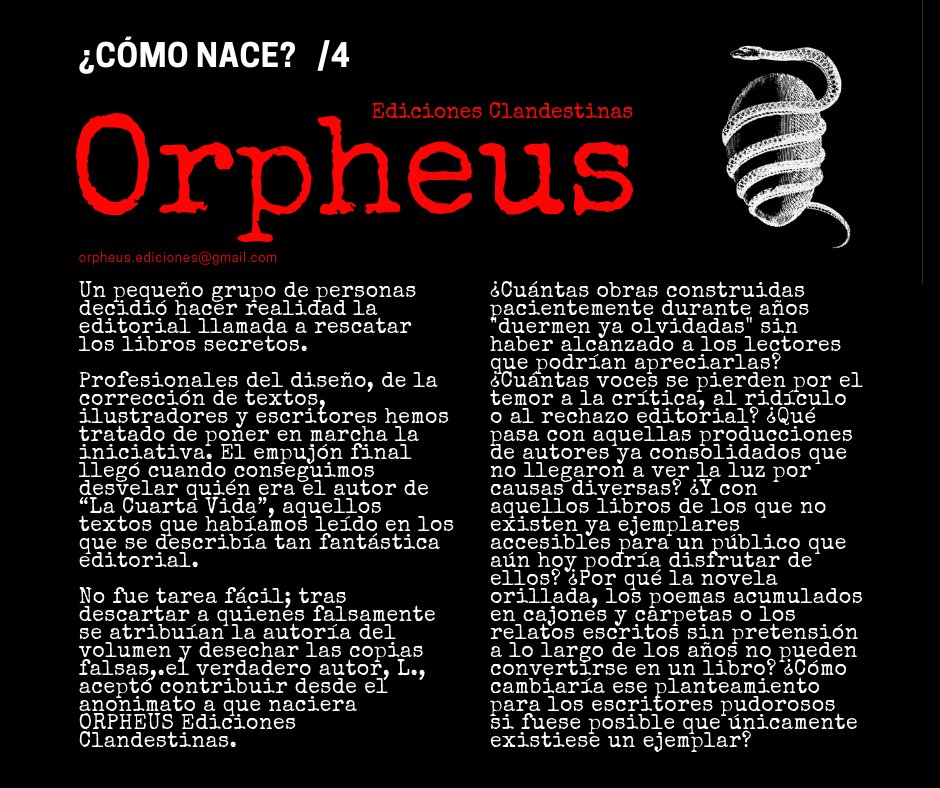 OrpheusEdicion's tweet photo. "¿Por qué la novela orillada, los poemas acumulados en cajones y carpetas o los relatos escritos sin pretensión a lo largo de los años no pueden convertirse en un libro?"
#Orpheus #OrpheusEdiciones #OrpheusEdicionesClandestinas #2019Clandestino #LaCuartaVida #ManifiestoOrpheus https://t.co/m3MGQkWKCJ