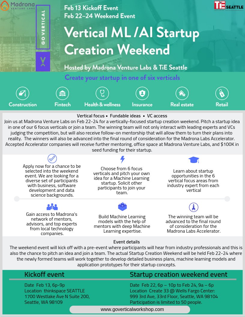SeattleTiE's tweet photo. Apply now for a chance to be selected - for GoVertical ! A chance you can't afford to miss to launch your own startup over a weekend. Here is everything you need to know- https://t.co/4iSNtOcBb8
#TiESeattle #Madrona #machinelearning #artificialintelligence #business #datascience https://t.co/GMGIeK2wz2