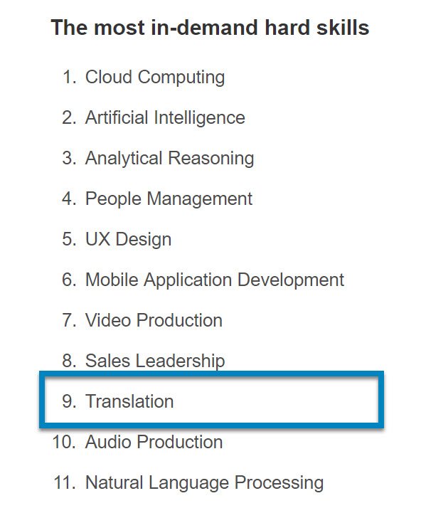 UweMuegge's tweet image. Now is a great time to be a #translator! #LinkedIn, the world's largest career network, confirmed that #translation is among the top ten skills of people who are getting hired at the highest rate. ow.ly/rF5p30nsKlZ