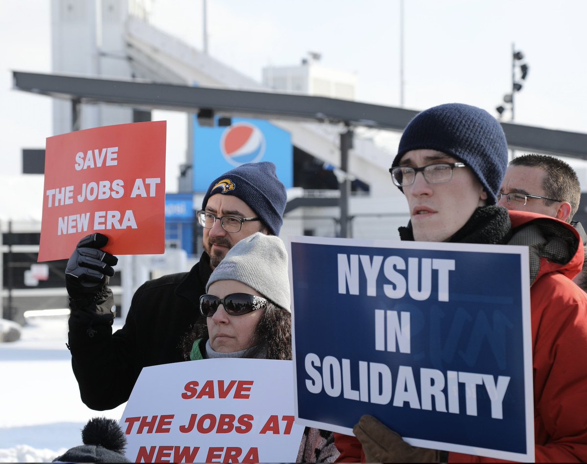 nysut's tweet photo. Dozens of Western New York union members rallied Saturday at New Era Field in Orchard Park to show solidarity with the employees of New Era’s Derby production facility, which the company is slated to close in March. https://t.co/fv6hnATY7w #NewEraHatsOff https://t.co/4goOkQVKaT