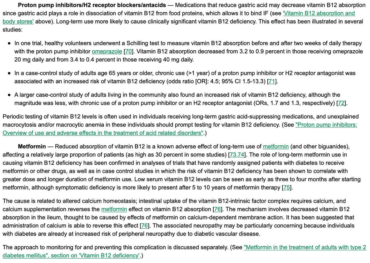 12/ PPIs/H2Bs (acidity cleaves B12 from food) and metformin (impairs ileal absorption) can cause dose- and time-dependent reduction in B12 levels.  @UpToDate summarizes the evidence beautifully if you want to read more: