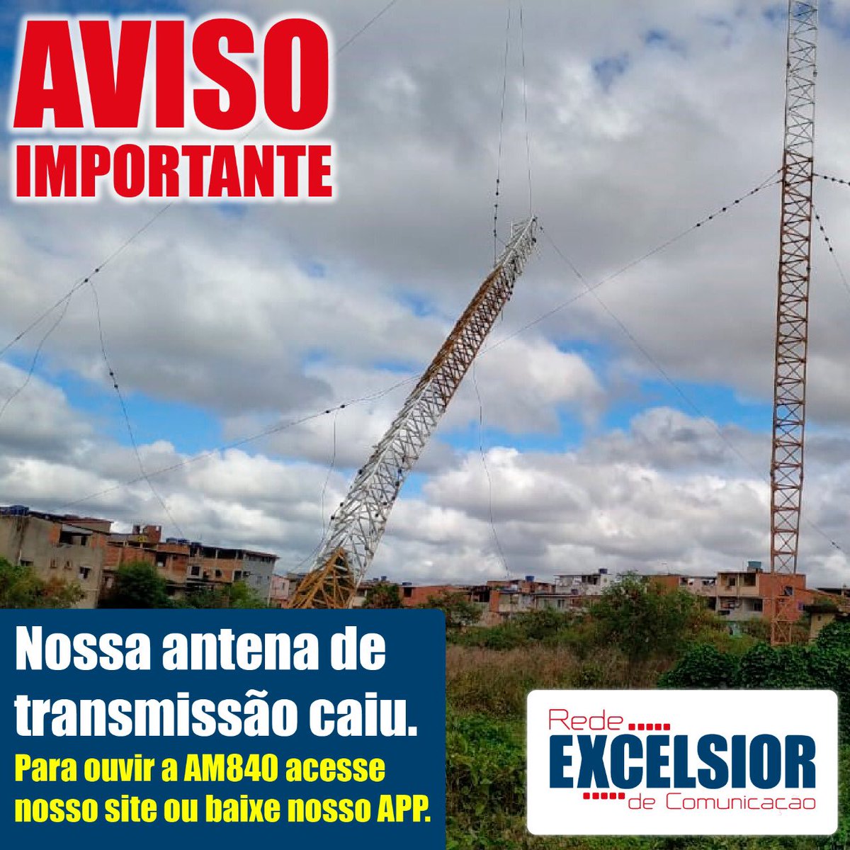 victordojornal's tweet photo. 📻 #radioSSA - Há quase quinze dias a rádio Excelsior da Bahia 840 AM. Motivo? A torre q fica em Massaranduba desabou. Técnicos no local dia e noite. Deve voltar ao ar ainda neste fim de semana. A emissora começou uma campanha para arrecadar R$200mil de doações entre os católicos https://t.co/em9t4zEGHN