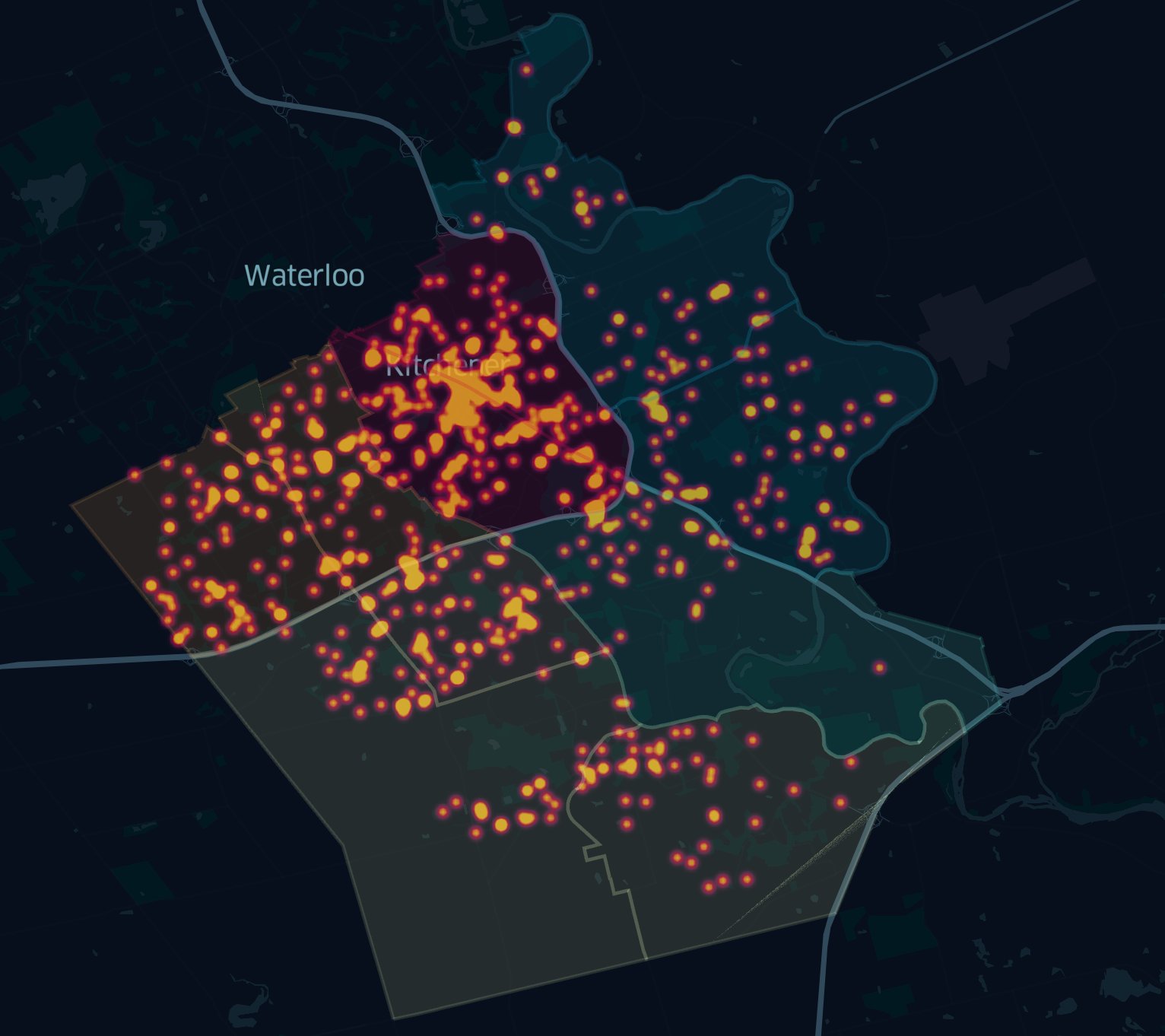 Map of sidewalk snow complaints in Kitchener.