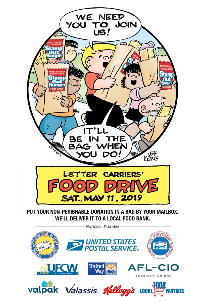 NALC_National's tweet photo. We have a new cartoon artwork for the 2019 #StampOutHunger Food Drive. We want to thank Cartoonist Jeff Keane @DottedLines for the amazing work.

Save the Date -- May 11, 2019. https://t.co/10G9XA6yal  #globalgoals #fooddrive #zerohunger #endhunger https://t.co/Bo8iwwGqXz