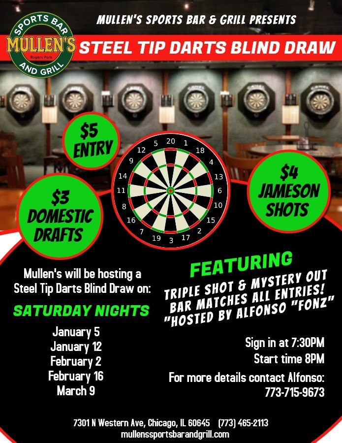 mullen_bar's tweet photo. How's your throw in darts? Try your hands at our Steel Tips Blind Draw next Saturday, February 2! Sign in at 7:30 pm and game begins at 8 pm. #Darts #BlindDraw #TripleShot #MysteryOut #DrinkSpecials #MullensSportsBarandGrill https://t.co/1mic7M2RuM