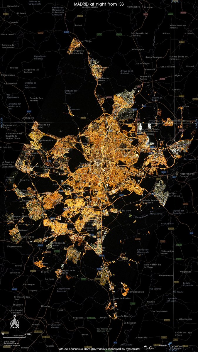 <a href="/astro_duque/">Pedro Duque</a> Viendo la imagen publicada se me ha ocurrido georreferenciarla y ponerla como habitualmente veríamos un mapa, con el norte hacia arriba.
Así podemos identificar luces conocidas... 😀