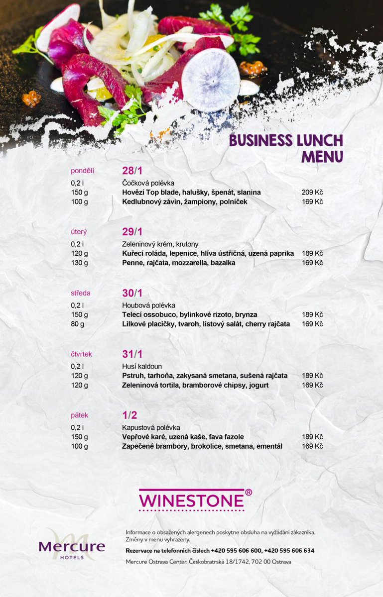 WOstrava's tweet photo. BUSINESS LUNCH MENU (28.1.-1.2.2019) https://t.co/WC7a9isOyo