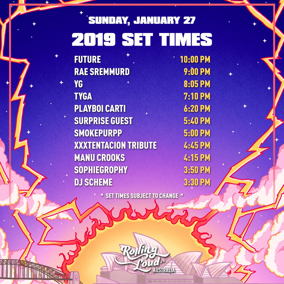 RollingLoud's tweet image. AUSTRALIA TODAY 🇦🇺

@1future
@RaeSremmurd 
@YG
@Tyga 
@playboicarti 
@smokepurpp 
@manuthecrook 
@sophiegrophy 
@DJSCHEME_ 
+ SURPRISE GUESTS!

LET'S GOOO 🔥🔥🔥