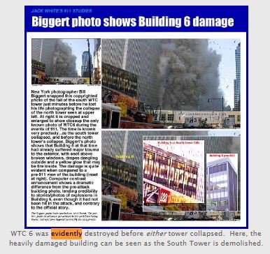  #WTC6 was evidently destroyed before either tower collapsed. Here, the heavily damaged building can be seen as the South Tower is demolished. http://www.bollyn.com/14924/ 