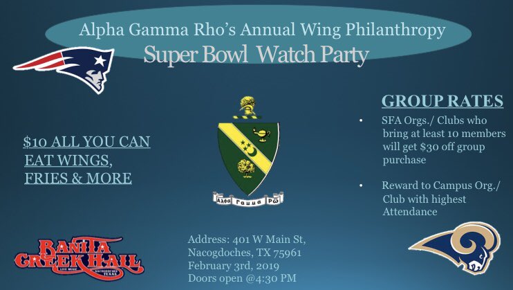 agr_sfa1904's tweet image. Super Bowl Sunday is next weekend! Come out and join Alpha Gamma Rho at @BanitaCrkHall for $10 all you can eat wings. Banita will be serving beverages. Hope to see y’all there! 🏈 #rushagr #sfa22 #SFAIFC @SFAQuestions