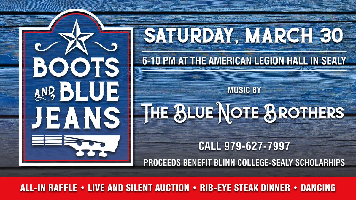 Mark your calendar for the fifth annual "Boots and Blue Jeans" dinner and dance! Enjoy an evening of food, music, and fun while raising money for scholarships and educational programs at @SealyBlinn!