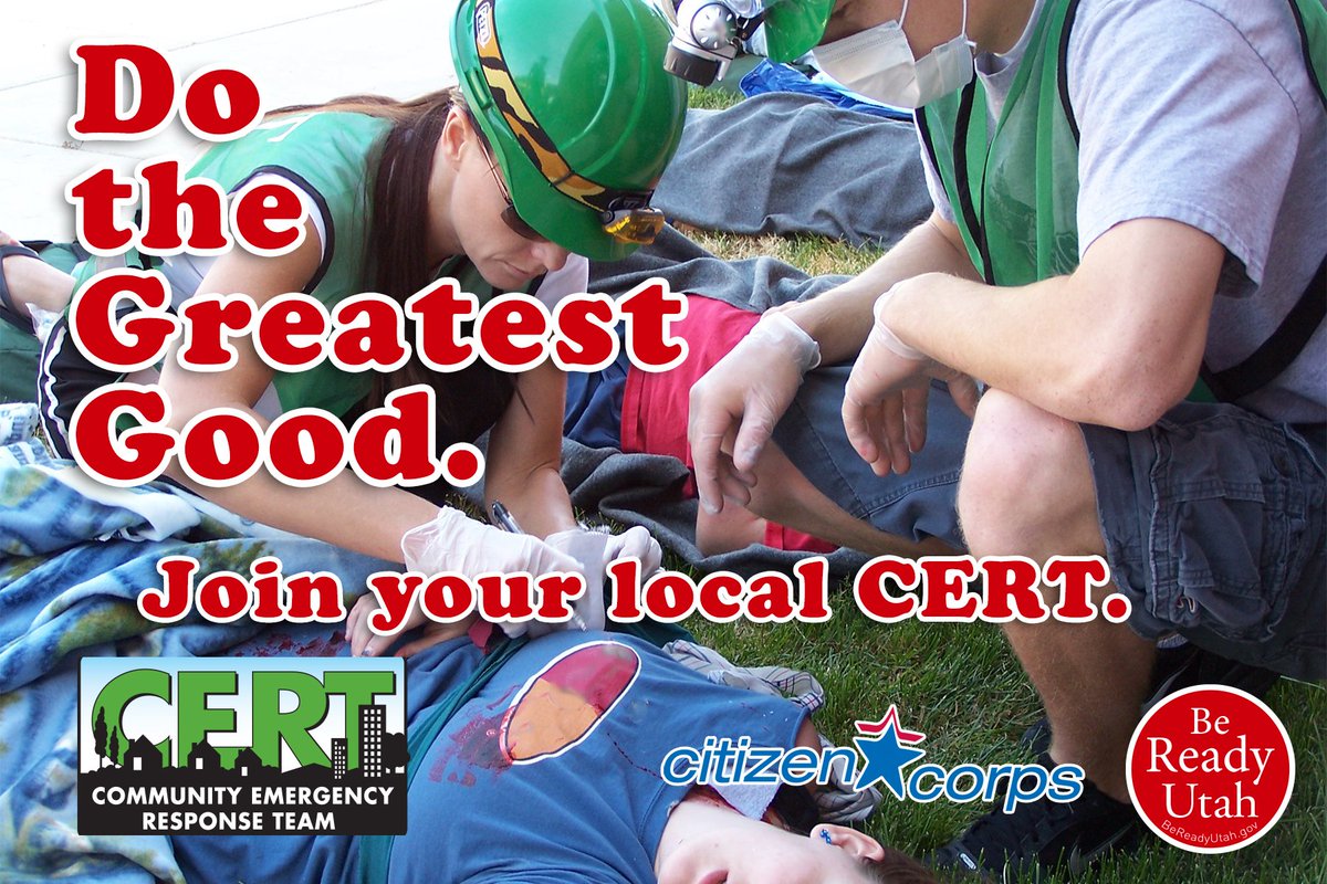 BeReadyUtah's tweet photo. #Prepare and #GetInvolved with #CERT. Do the greatest good for the greatest number during a #disaster in your neighborhood. Become a part of your local Community Emergency Response Team. https://t.co/M1eMVYWxGU https://t.co/cpHOlSqCwK