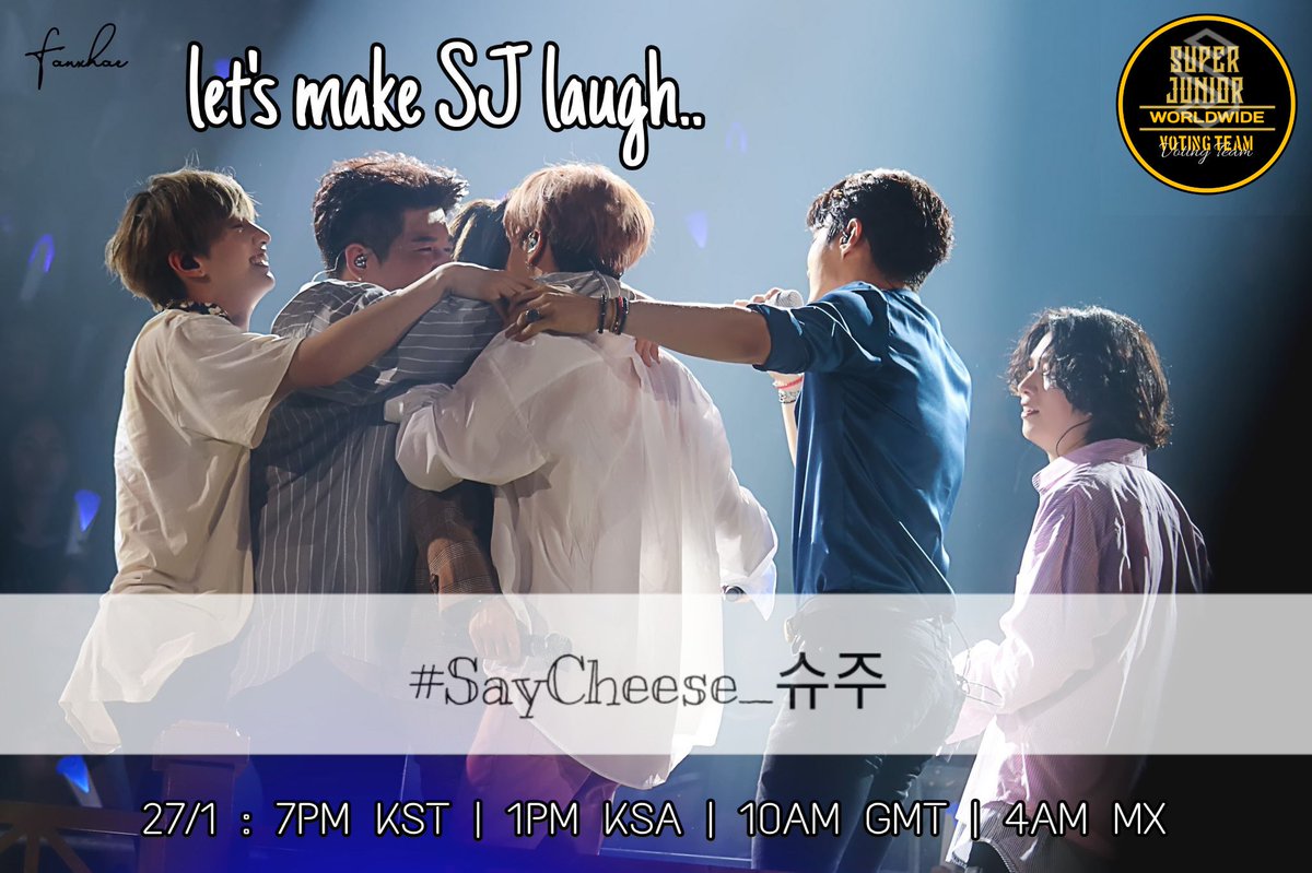 SJ_votingteam's tweet photo. 😂 #ELFLaughingParty 😂

📣 CALLING WORLDWIDE ELFs!
Let's continue our hype here in twitter! Prepare your funny events/jokes thread~~
Let's unite again tonight &amp; use #.SayCheese_슈주 &amp; make Super Junior laugh out loud! 😂

Party will start @ 7PM KST

RT TO SPREAD! 💙
@SJofficial https://t.co/sjRdFYhFHr