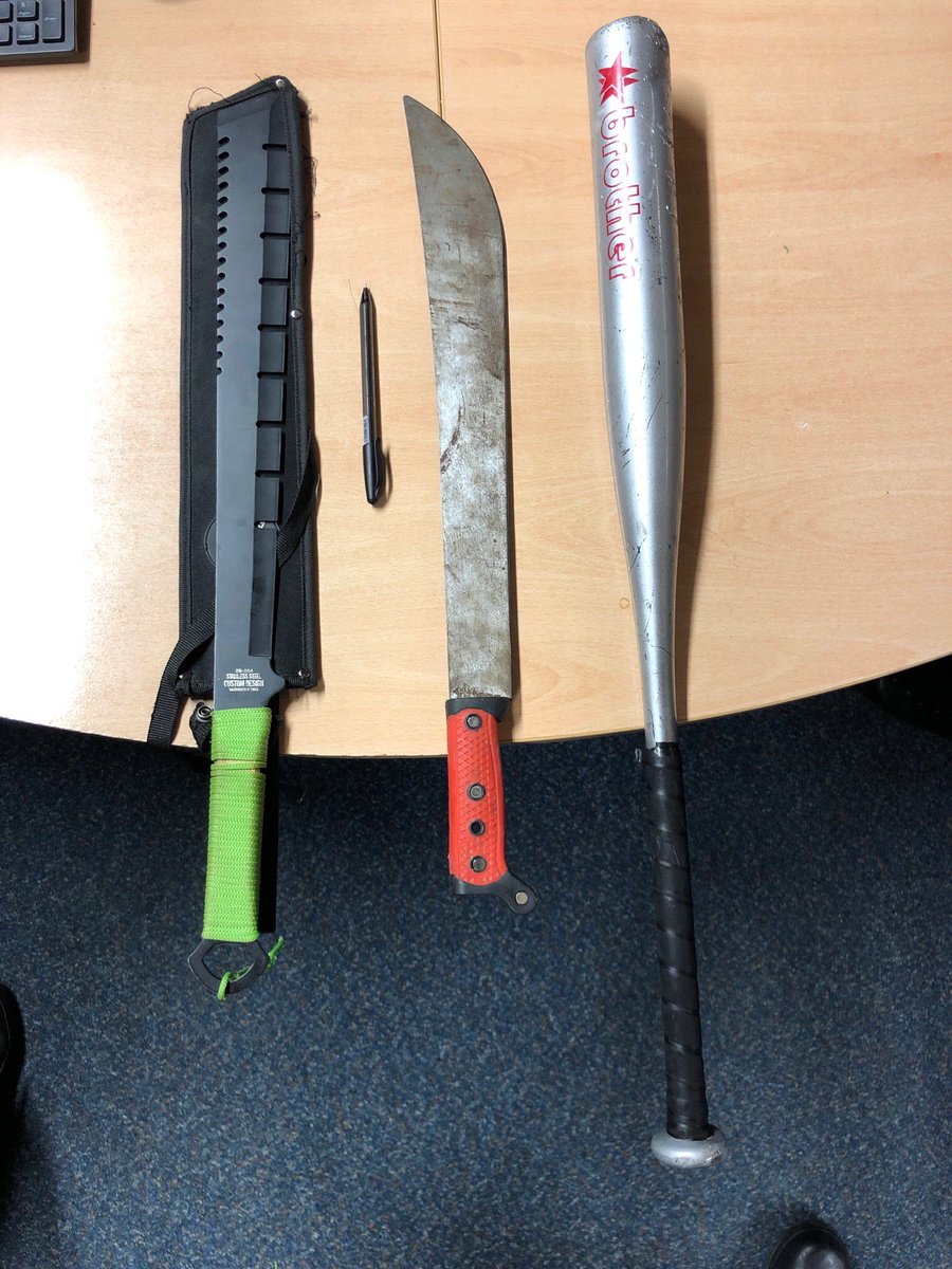 CheshireRCU's tweet photo. Roads & crime officers from E block have just stopped a stolen car using stringer and detained 3 occupants who tried to run away - also found in the car were 2 machetes and a baseball bat along with drugs, all 3 now in custody and these weapons and criminals are off the street. https://t.co/WvwbWU221z