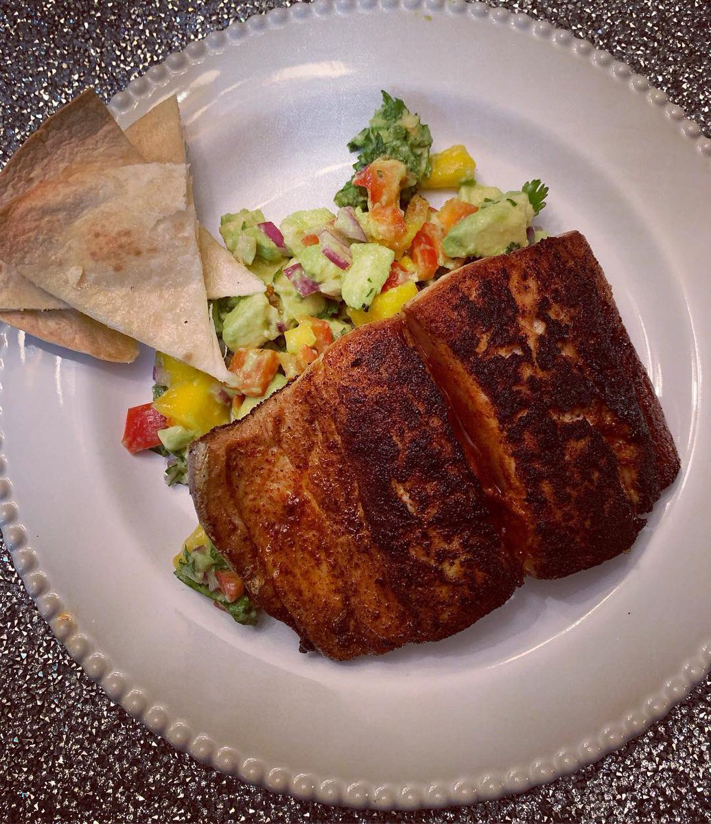 I’m back <a href="/MyPeakChallenge/">My Peak Challenge</a> <a href="/SamHeughan/">Sam Heughan</a> 😉💪🏼🥑
Blackened Mahi with Mango Avocado Salsa and Homemade Tortilla chips. 
👇🏼
1 Ripe Avocado sliced and diced 
1/4 Red onion diced 
1 Red Bell Pepper
1 handful Cilantro chopped 
1 Mango Diced 
1/2 Lime juiced 
Salt to taste and Mix together