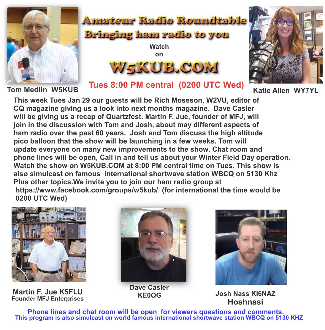 Live #hamradio show on w5kub.com 8:00 PM central on Tues.  #quartzfest @pico balloons  #hoshnasi @hoshnasi #hamr #arrl #hamfest #w1aw #qrp @qrznow @sar_news