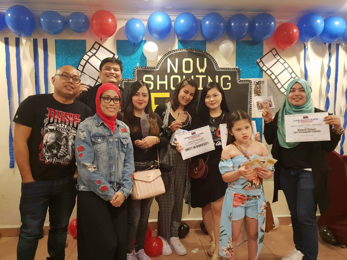 Chaaa0520's tweet photo. Winning the "Short Film" contest in our 1st Year Anniversary of Filipino Vloggers in Qatar. Group 2 " The Flamboyant Seven! https://t.co/t1lsGuDQCx